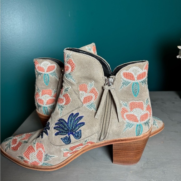 Rebecca Minkhoff Cream and Blue Embroidered Ankle Booties - Picture 5 of 8
